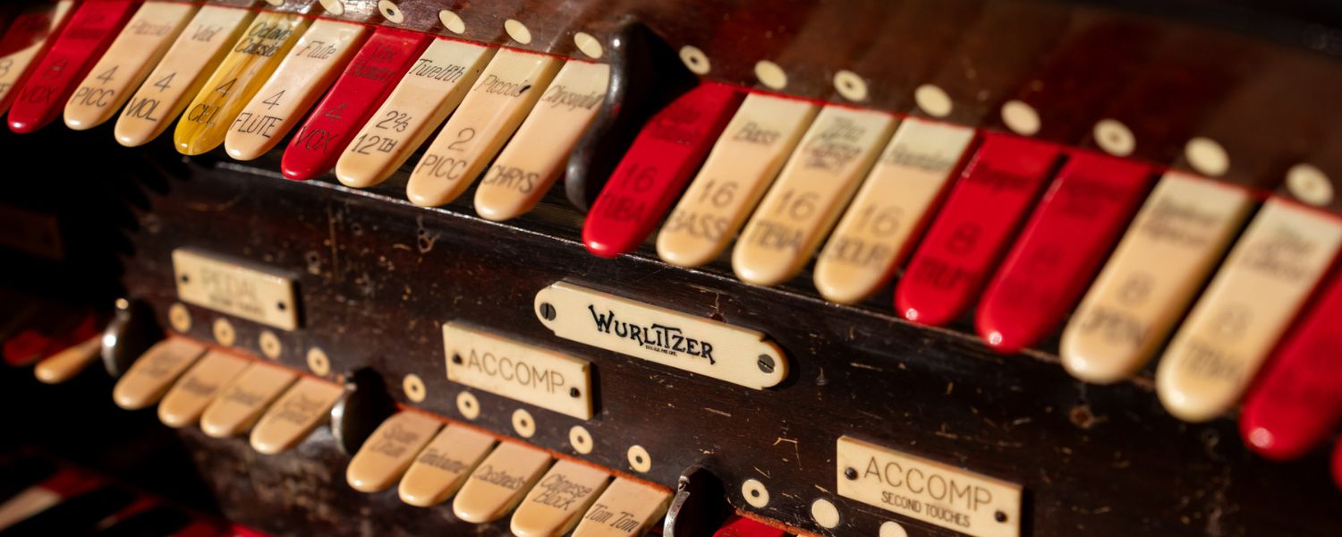 Close-up of the Mighty Wurlitzer organ console at Baycourt.